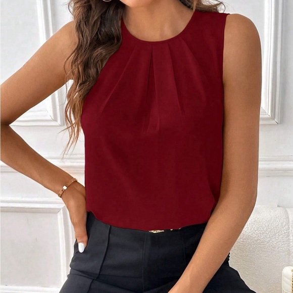 Pleated sleeveless tank top round neck professional work wear red - Picture 5 of 14